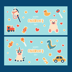 Happy children's day set of banners for social media with cute toys