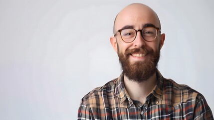 Obraz premium Portrait of a bald happy bearded young man wearing glasses