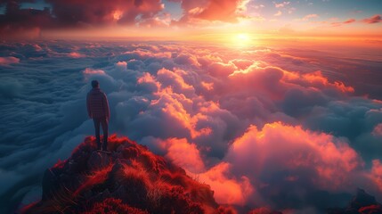 Obraz premium Man Standing on Top of Mountain Above Clouds