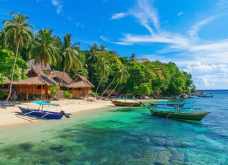 A beautiful tropical island with white sandy beaches, palm trees and colorful boats docked at the beach in front of thatched roof huts amidst lush greenery.