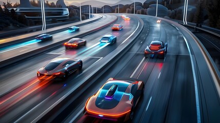 e futuristic vehicles on highway with full self driving system activated for transportation autonomy concepts as wide banner with copy space area