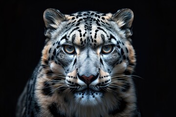 Obraz premium Portrait of snow leopard - Irbis (Panthera uncia) on black background