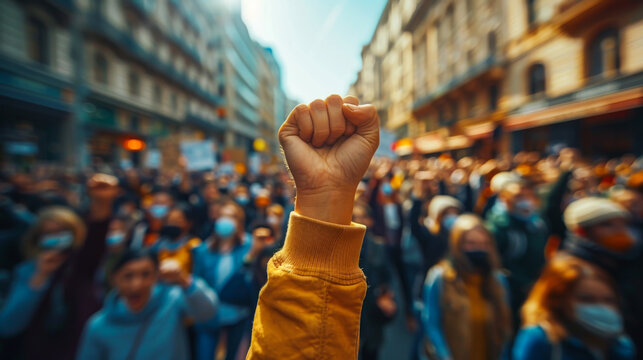 Close-up of many people's hands raised up. A large group of people on strike in the city. Hand raised in a fist. Protest concept. Lifestyle.