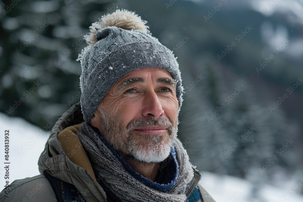 Wall mural close-up of a smiling man in winter clothes in a winter landscape