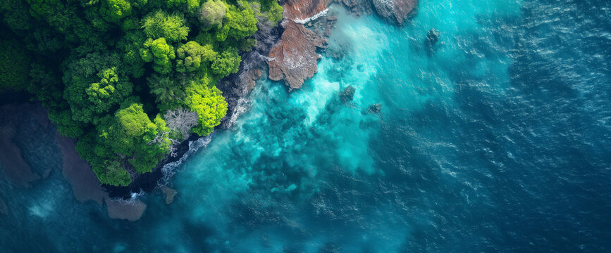 In this captivating aerial view, the shoreline stretches out majestically, with pristine sandy beaches meeting the crystal-clear waters of the ocean. 