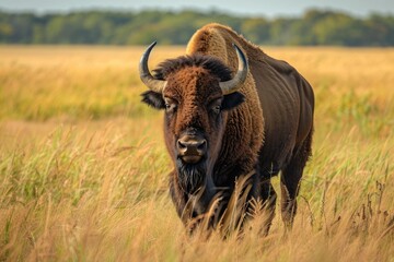 Wild American bison bull standing in grassy prairie.
