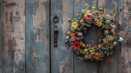 A vibrant summer wreath made of flowers, leaves, and twigs, beautifully displayed on a wooden door with a rustic feel.