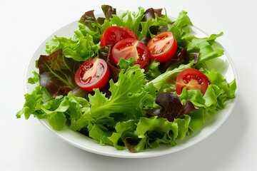 Fresh mixed green salad with tomatoes, showcasing a healthy, vibrant meal in a bright, inviting setting perfect for a nutritious lifestyle