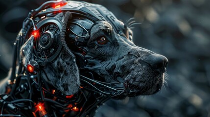 Obraz premium Dog with a cybernetic head, showcasing a blend of organic and mechanical elements. The dog appears to be a large breed with a black and grey coat