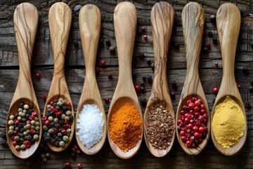 Spices in wooden spoons on rustic background