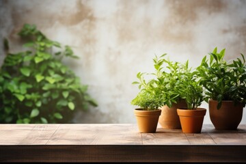Wooden table top with pot plants blurred background for products