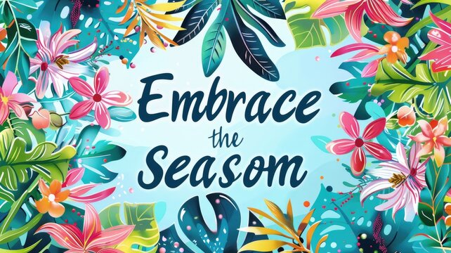 Advertising poster featuring a vibrant summer theme with tropical leaves and flowers.