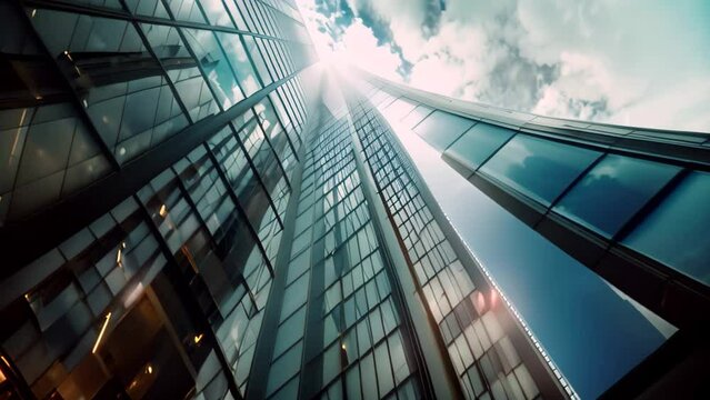 A towering metal and glass building with a multitude of windows reaching towards the sky, a towering structure of metal and glass pulsating with energy