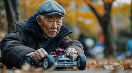 Fototapeta premium Elderly Asian Man Taking Part in Competitive Remote-Control Car Racing