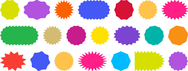 Badge star, sticker starburst shape, sale price tag, colorful sun, circle and oval label, round discount icon isolated on white background. Color vintage banner set. Vector illustration