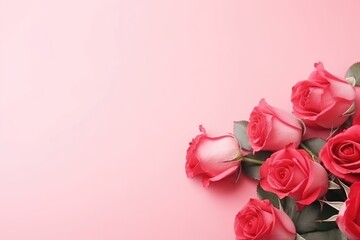 Fototapeta premium Delicate pink roses arranged neatly on a soft pastel pink backdrop, simple and elegant. Pink Roses on Pastel Pink Background