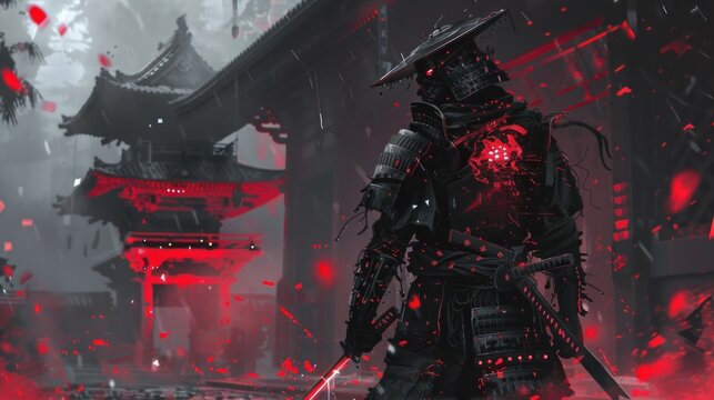 Fototapeta a close-up look at a traditional and futuristic cyberpunk samurai ninja. Ai generated image
