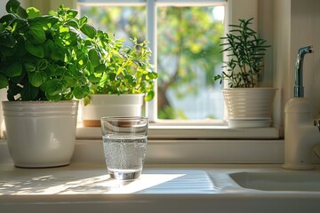 Glass of water with greenery on kitchen counter