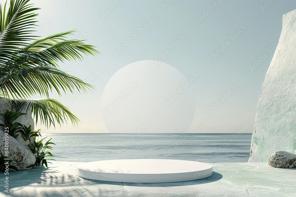 Wall mural 3d render, minimal summer background with empty podium or pedestal platform for showing product, cos - Wall murals