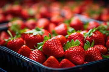 Fresh red strawberries in a black plastic container