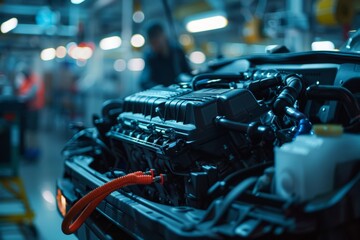 Hybrid Car Engine Inspection Showcasing Traditional and Electric Components for Engineering and Auto Excellence