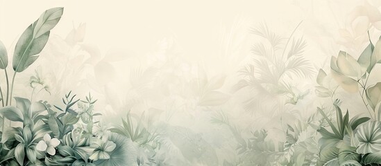 Illustration of tropical wallpaper print design with palm banana leaves and birds on canvas texture. Tropical plants and birds on textured background. AI generated illustration