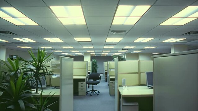 Office cubicle setting with multiple cubicles and various green plants, creating a productive work environment, A traditional office space with cubicles and fluorescent lighting