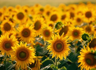 A field of vibrant yellow sunflowers, their petals facing the sunlight in full bloom.