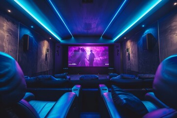 Luxurious Home Theater Room with 4K Projector Screen, Ambient LED Lighting, and Modern Decor Design