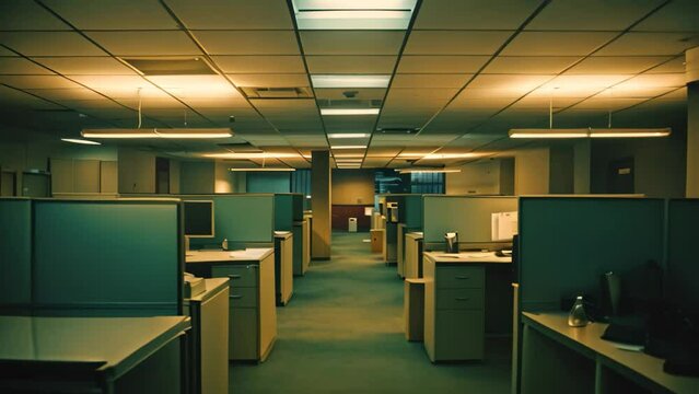 An empty office space with rows of cubicles and computer screens, devoid of any human activity, A traditional office space with cubicles and fluorescent lighting