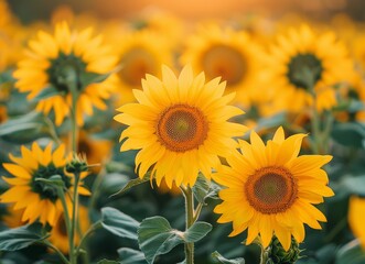 A field of vibrant yellow sunflowers, their petals facing the sunlight in full bloom.