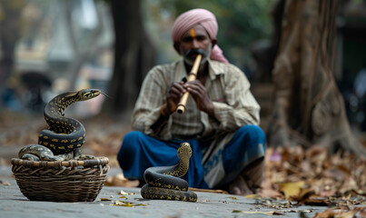 Snake charmer playing flute in outdoor setting with cobras in basket and on ground. Traditional Indian cultural practice. Street performance concept for design and print. 