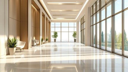 Fototapeta premium A beautiful modern spacious office hall with panoramic windows and a perspective in pleasant natural beige and brown tones