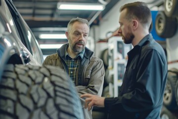 Mechanic Explaining Tire Rotation Patterns and Benefits to Customer in Auto Service Center