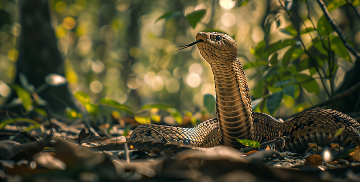 A snake in a clearing in the forest. Concept of nature and wildlife. Design for poster, banner, wallpaper.
