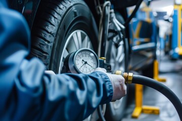 Mechanic Checking Car Tire Pressure with Gauge in Professional Garage - Vehicle Maintenance Concept