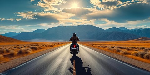 Thrilling shot of a lone motorcyclist on a wide, open road, highlighting the freedom and excitement of riding on a long, straight path, Generative AI