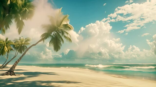 A painting featuring palm trees on a beach setting under a blue sky, A tranquil beach scene with palm trees swaying in the breeze