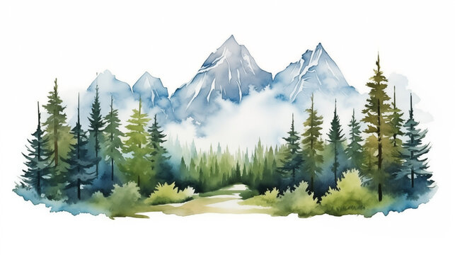 Watercolor mountains and forest landscape illustration