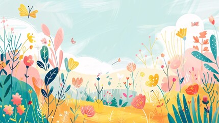 A colorful field of flowers with butterflies and birds flying around