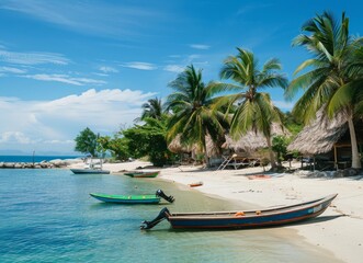 Fototapeta premium A tropical island with palm trees and small boats in the water, white sandy beaches and thatched roof huts on them, blue sky, high resolution photography