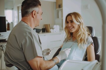 Obraz premium Professional Dentist Consulting Patient on Teeth Whitening Safety and Effectiveness in Modern Clinic