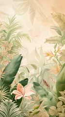 Illustration of tropical wallpaper print design with palm banana leaves and birds on canvas texture. Tropical plants and birds on textured background. AI generated illustration