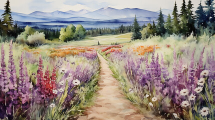 Obraz premium Watercolor landscape, winding path through a field of wildflowers, leading towards a distant mountain range
