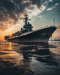 a large military warship docked in a harbor at sunset. The warship is grey and has a long, sleek design with a large deck and a variety of masts and antennas. The sun is setting behind the ship