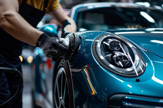 Professional Car Detailer Polishing Vehicle's Exterior with Rotary Buffer for High Gloss Finish
