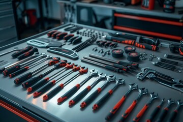 High-Quality Car Maintenance Tools Arranged on a Metal Workbench in a Clean, Organized Garage