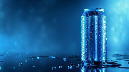 Cold Soda Can with Condensation on Reflective Surface - Modern Beverage Banner Design