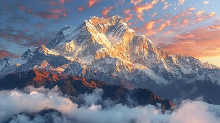 Majestic Himalayan Mountain Peak at Sunset With Clouds © olegganko