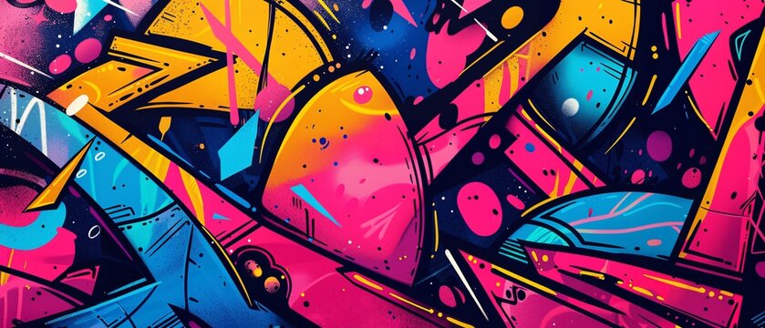 A colorful graffiti wall with a pink and blue circle in the middle